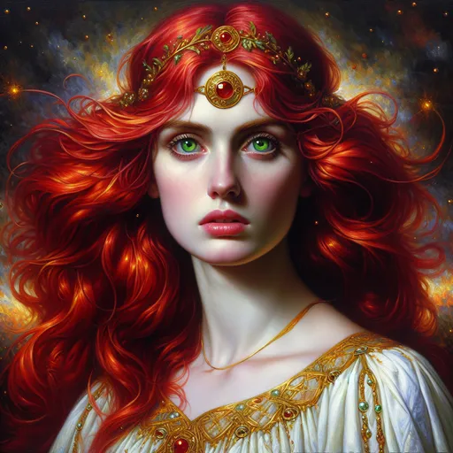 Prompt: a painting of a woman with red hair and green eyes wearing a white dress with gold trim and a red hair, Anne Stokes, fantasy art, kinkade, a detailed painting