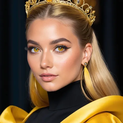 Prompt: Queen bee-A beautiful woman with thick, full honey golden hair arrainged in a top knot behind a gold tiara. Amber colored eyes, gown in colors of yellow and black, facial closeup