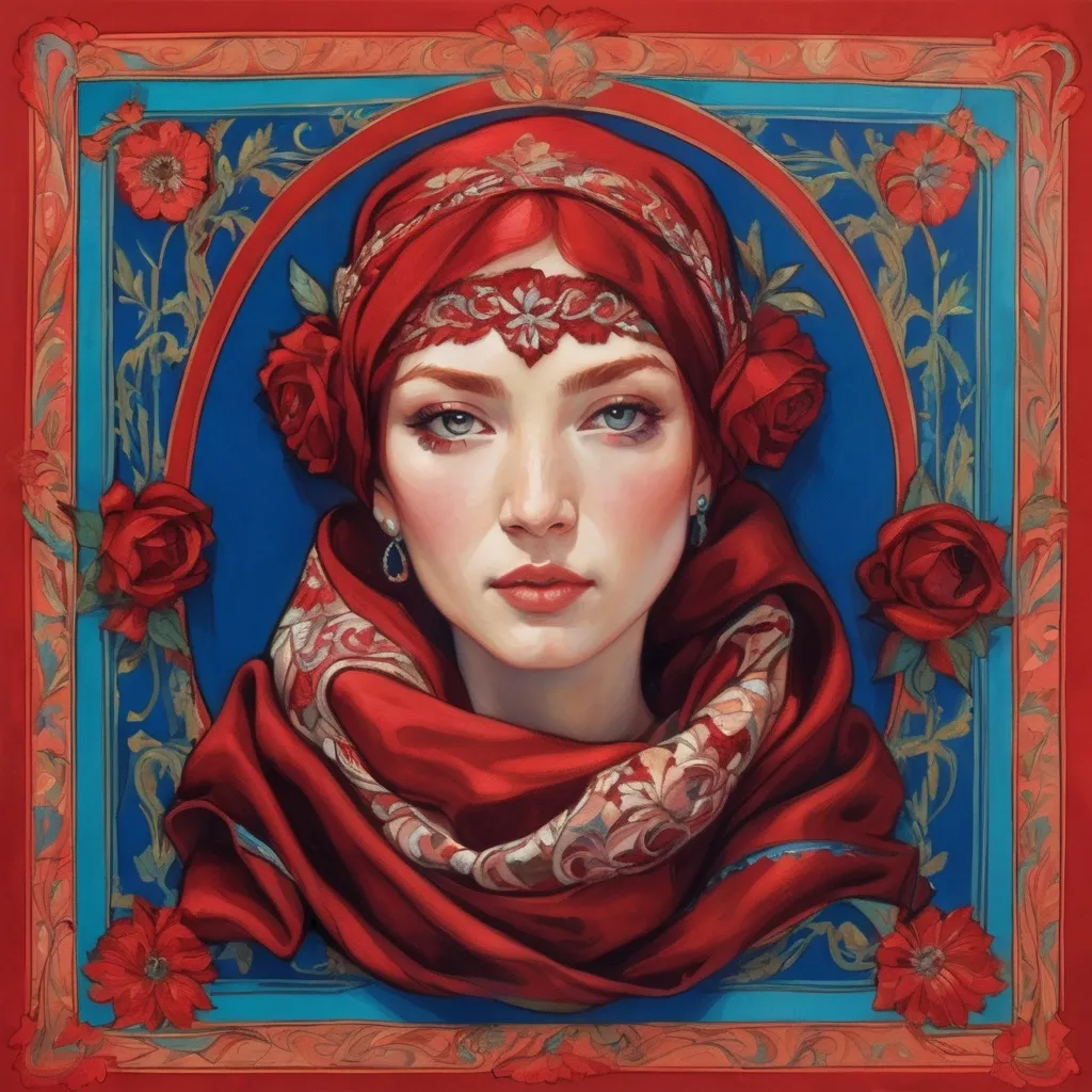 Prompt: a painting of a woman with red hair and a red head scarf with flowers on it, in a circle, Elina Karimova, qajar art, art nouveau fashion embroidered, a silk screen