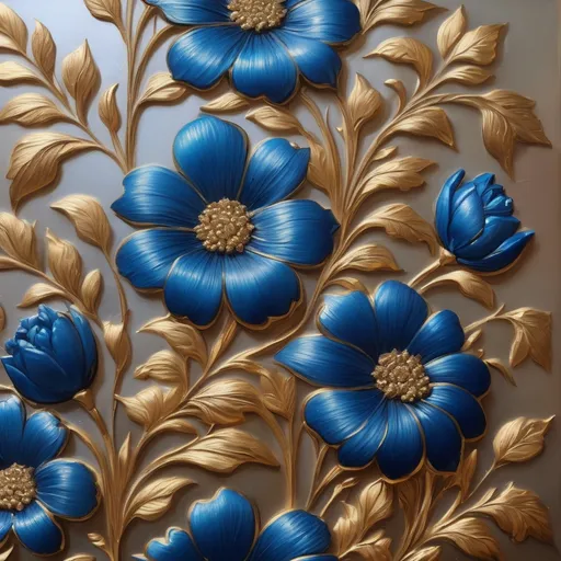 Prompt: Blue flowers with gold, oil painting, intricate details, high quality, realistic, vibrant colors, rich textures, elegant composition, luxurious, gold accents, beautiful contrast, warm lighting