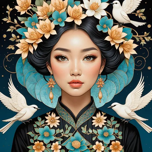 Prompt: f a woman with flowers in her hair and two birds on her shoulders, Audrey Kawasaki, cloisonnism, highly detailed digital painting, a detailed painting