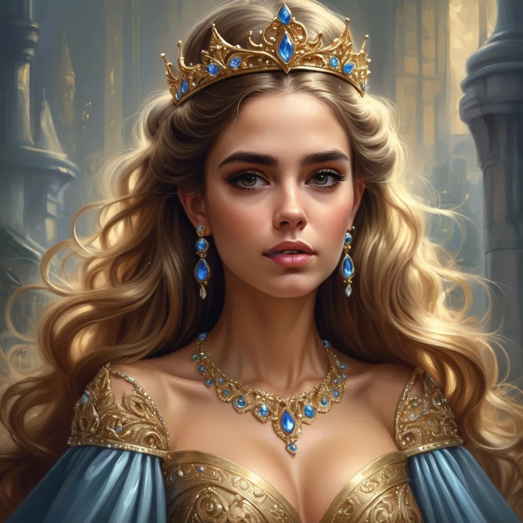 Prompt: a woman with long  thick hair wearing a tiara and earrings on, in a golden dress, Edwin Georgi, fantasy art, highly detailed digital painting, a photorealistic painting