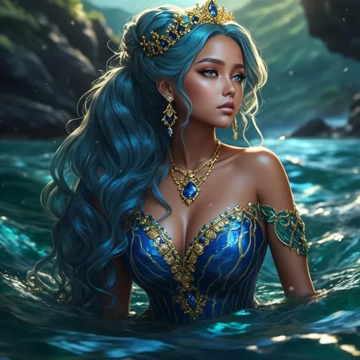 Prompt: <mymodel>HD 4k 3D 8k professional modeling photo hyper realistic beautiful woman ethereal greek goddess druid mermaid
cobalt blue hair olive skin gorgeous face  jewelry druid crown colored mermaid tail full body surrounded by ambient glow hd landscape under lush celtic waters

