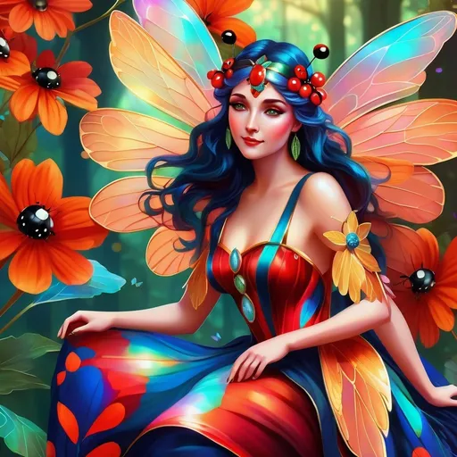 Prompt: Ladybug fairy goddess, digital illustration, serene woodland setting, intricate wings with holographic details, ethereal and magical vibe, vibrant and saturated colors, elegant and graceful pose, fine art quality, high resolution, fantasy, whimsical, holographic wings, magical, ethereal, vibrant colors, woodland, serene, elegant pose, fine art quality, detailed artwork