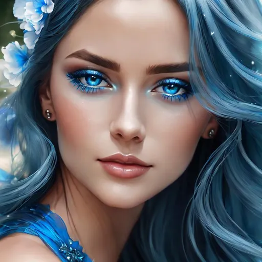 Prompt: Realistic portrayal of blue beauty, photorealistic, serene water reflection, detailed facial features, flowing blue gown, high resolution, vivid realism, professional, peaceful ambiance, calming lighting, elegant hair, graceful pose, tranquil atmosphere, photorealism, detailed eyes, flowing fabric, serene, calming tones, natural lighting