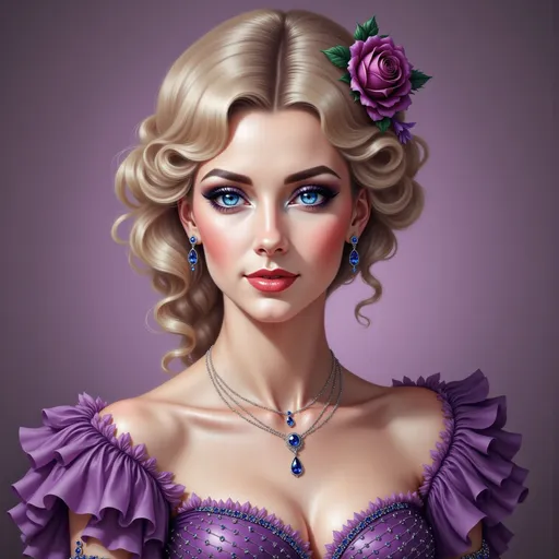 Prompt: a woman with a flower in her hair and a purple dress , with a purple rose in her hair, Edwin Georgi, figurative art, highly detailed digital painting, a photorealistic painting