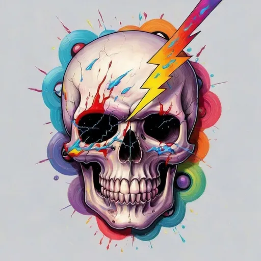 Prompt: create an image of a skill with a swirling lighting bolt around the right eye socket which is empty (except for the lightning bolt. The other eye is normal. The rest of the skull is colorful, but the image depicts pain and suffering
