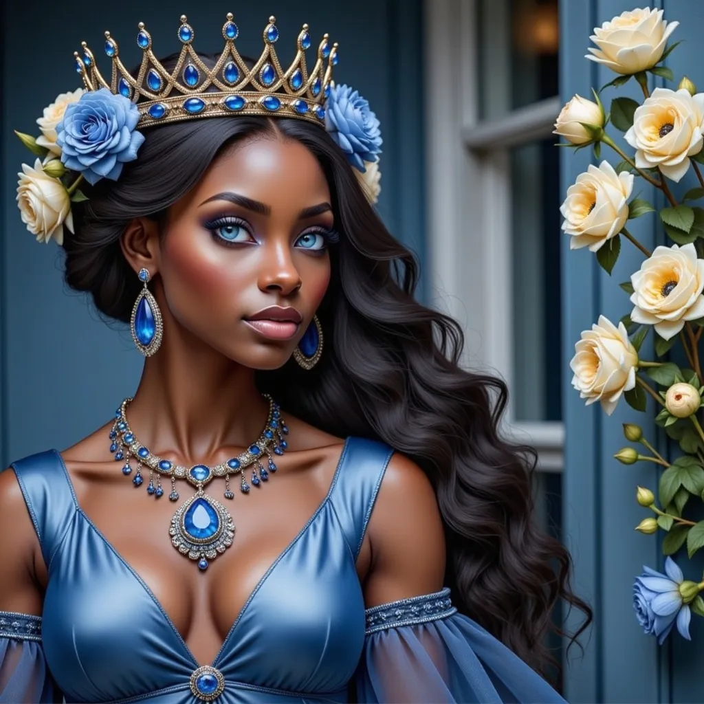 Prompt: a stunning black woman with a crown on her head and a necklace on her neck of sapphires, in a blue dress with flowers, Anne Stokes, fantasy art, highly detailed digital painting, a detailed painting