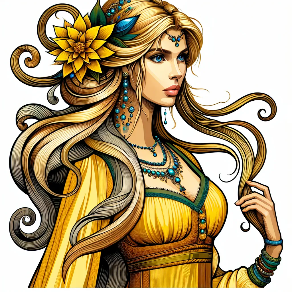 Prompt: a beautiful woman with long blonde hair wearing a yellow dress and a flower in her hair, with a golden flower in her hair, wearing turquoise jewelry. Charlie Bowater, fantasy art, highly detailed digital painting, a detailed painting