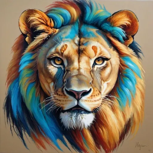 Prompt: <mymodel>Vibrant oil painting of a majestic lioness,/woman hybrid