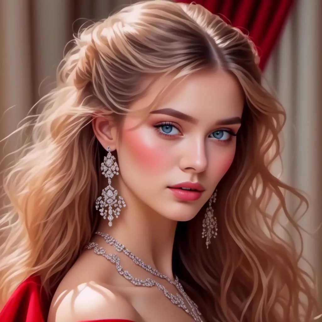 Prompt: <mymodel>Realistic oil painting of a powerful and elegant woman, flowing red gown, intricate jewelry, captivating gaze, detailed facial features, high quality, realistic, oil painting, elegant, flowing gown, powerful, captivating gaze, detailed facial features, intricate jewelry, professional lighting