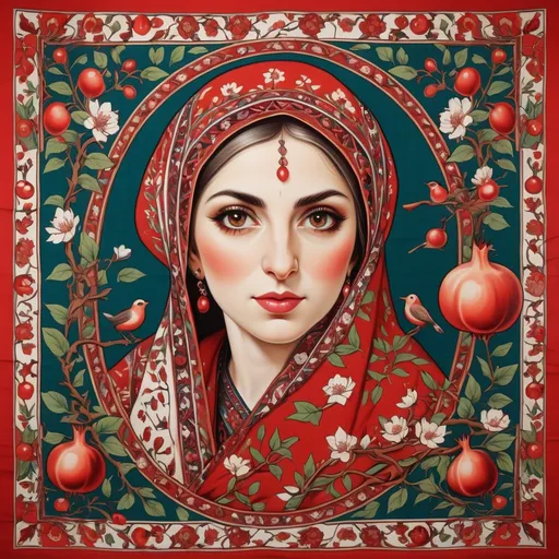 Prompt: A colorful design in the dimensions of 140centimeteres by 140 centimeters. It's main theme is red and white. There are pomegranates and cherry blossoms. with some green leaves and branches. It has some birds. Traditional Iranian style