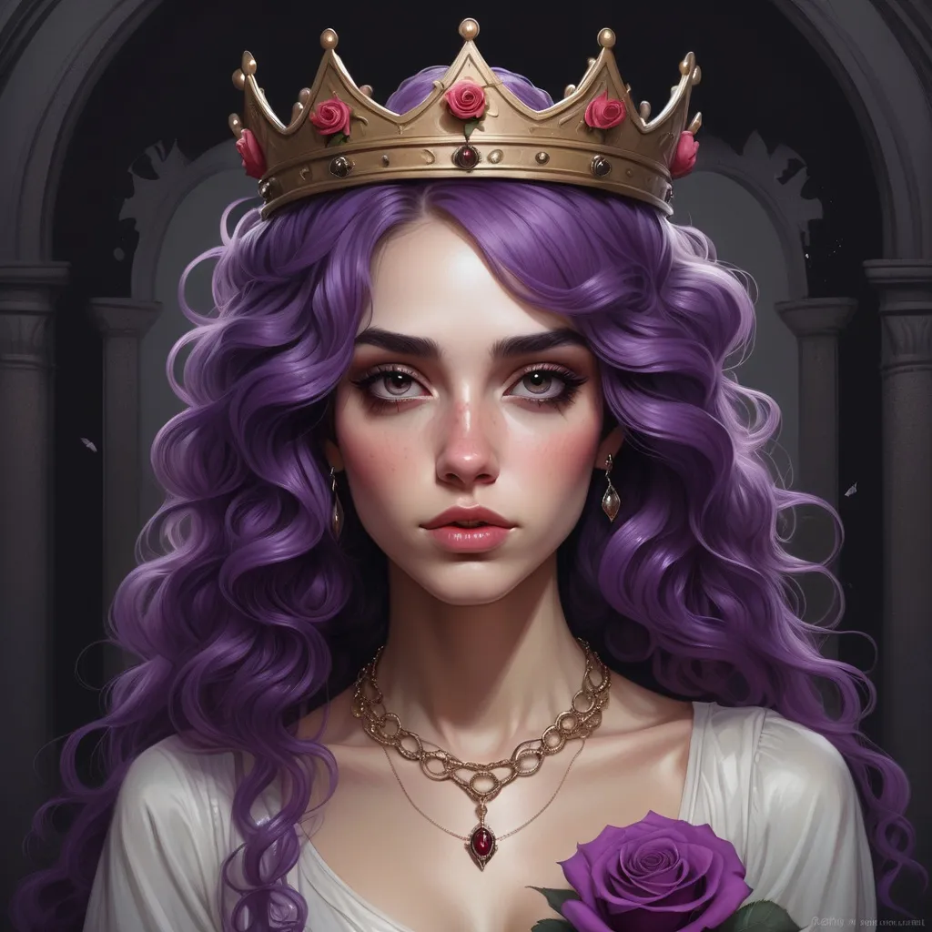 Prompt: a woman with  long curly purplehair, wearing a crown and a rose in her hand is wearing a necklace and a rose in her hand, Charlie Bowater, gothic art, highly detailed digital painting, a detailed painting