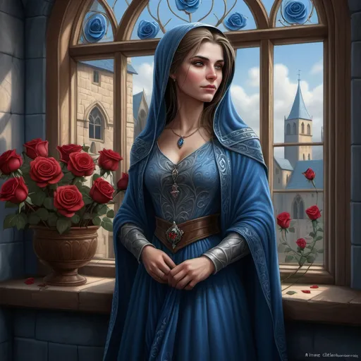 Prompt: a woman in a 13th century dress standing in front of a window with roses around her and a blue shawl, Anne Stokes, fantasy art, highly detailed digital painting, a character portrait