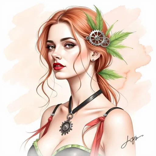 Prompt: This is a digital artwork featuring a striking, full-body portrait of a woman with a fantasy-inspired, steampunk aesthetic. She has long, wavy red hair adorned with a green feathered accessory on the left side. Her skin is fair, and she has a confident, slightly sultry expression with red lipstick matching her hair. She is wearing a black, strapless corset with green accents and lacing up the front. Her waist is cinched, leading to a flowing, red, high-slitted skirt that reveals her left leg and is held up by a black belt with large, metallic gears and a decorative buckle. She also wears black, fingerless gloves and black, strappy high-heeled shoes. The background is a simple, gradient wash of soft peach and cream colors, which contrasts with her vibrant outfit. The artist's signature, "Jutter," is visible in the bottom right corner. The overall style of the artwork is highly detailed and realistic, with a focus on textures like the smoothness of the fabric and the metallic sheen of the gears. The image exudes a sense of fantasy and elegance with a touch of industrial flair.