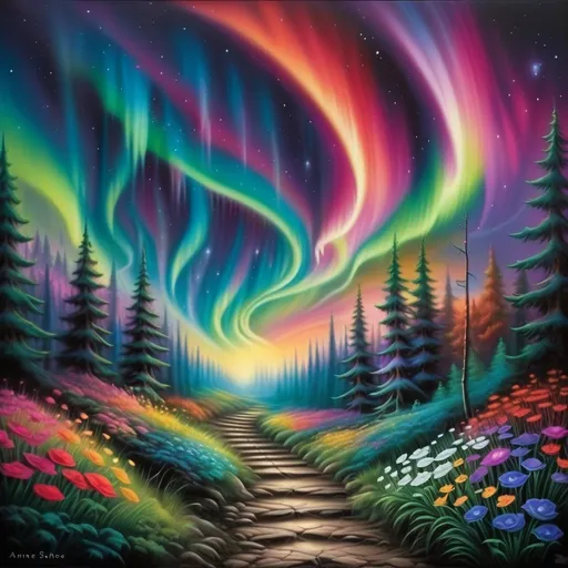 Prompt: a painting of a path leading to a colorful northern lights in the sky above a forest with flowers and trees, Anne Stokes, psychedelic art, kinkade, an airbrush painting