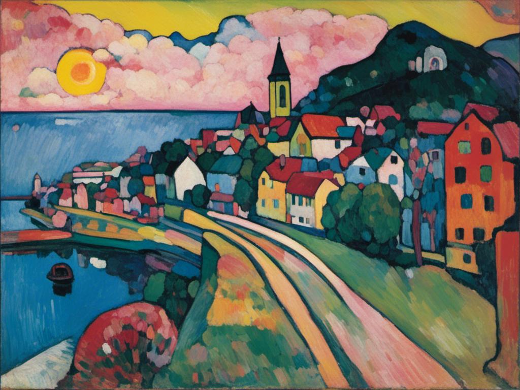 Prompt: <mymodel> a painting of a city by the water with a sunset in the background and a mountain in the foreground, Auguste Herbin, synthetism, art noveau, a cubist painting