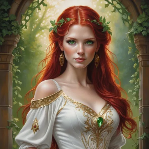 Prompt: a painting of a woman with red hair and green eyes wearing a white dress with gold trim and a red hair, Anne Stokes, fantasy art, kinkade, a detailed painting