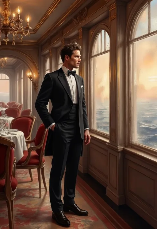 Prompt: Envision a vintage style scene set aboard the opulent Titanic, where a male passenger exudes sophistication in a finely tailored black tuxedo and a crisp white shirt, complete with a classic bow tie. The dim lighting of the lavish first-class dining room flickers softly, casting golden reflections on his polished shoes. Gentle waves can be seen through the frosted glass windows, softly shimmering in the muted twilight. The passenger, poised and looking out with a nostalgic expression, embodies the spirit of a bygone era, surrounded by elegant Art Deco furnishings and delicate chandeliers. The colors are warm and faded, enhancing the historical charm, evoking a sense of longing for adventure and romance. This image captures the essence of elegance and opulence, reminiscent of an elegant watercolor illustration.