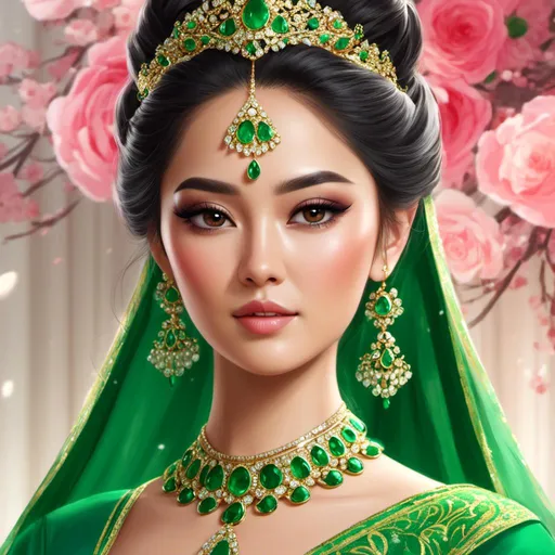 Prompt: <mymodel>Detailed illustration of a asian woman in vibrant green attire, large vivid green eyes, elegant makeup, digital painting, high resolution, realistic style, vibrant green, professional lighting