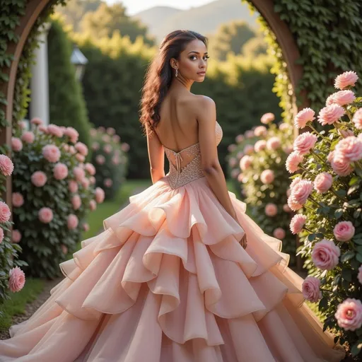 Prompt: A young woman stands gracefully amidst a lush garden reminiscent of a fairytale, enveloped by blooming pink roses that cascade around her. The soft sunlight filters through the foliage, casting a warm glow that highlights the delicate layers of her exquisite, strapless pink gown adorned with subtle floral embellishments. Her contemplative expression and elegant posture convey a sense of serenity as she faces slightly away, allowing the gown's ruffled silhouette to flow beautifully. The scene exudes a romantic and enchanting atmosphere, inviting the viewer into a serene moment of nature's beauty intertwined with elegance.
