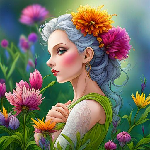 Prompt: a fairy of spring, Sbitley Temple curls, ,wildflowers, vivid colors, closeup