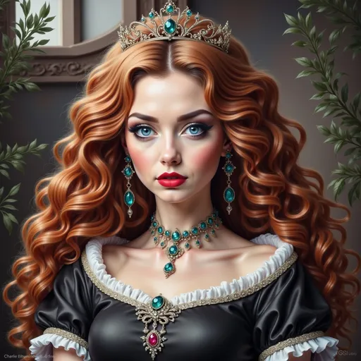 Prompt: a painting of a woman with red hair wearing a tiara and a necklace with emeralds on it, Charlie Bowater, gothic art, cgstudio, a character portrait