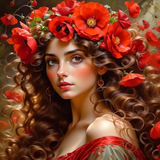 Prompt: <mymodel>Fairy princess of poppies, facial closeup, oil painting, vibrant reds, delicate features, ethereal and glowing, high detail, fantasy, floral crown, soft lighting, regal presence