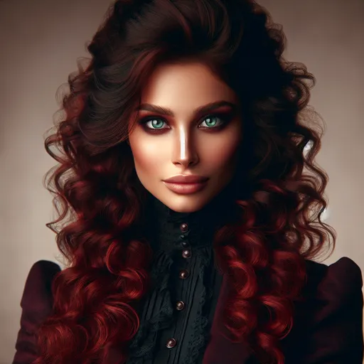 Prompt: a powerful woman with Victorian wine red curly voluminous hair half up half down and emerald green eyes