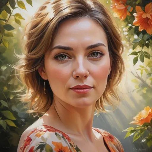 Prompt: <mymodel>Realistic oil painting of a powerful, confident woman, elegant floral dress, natural beauty, warm and vibrant color palette, soft sunlight filtering through trees, high quality, detailed brushwork, realistic, elegant, vibrant colors, floral dress, confident expression, atmospheric lighting