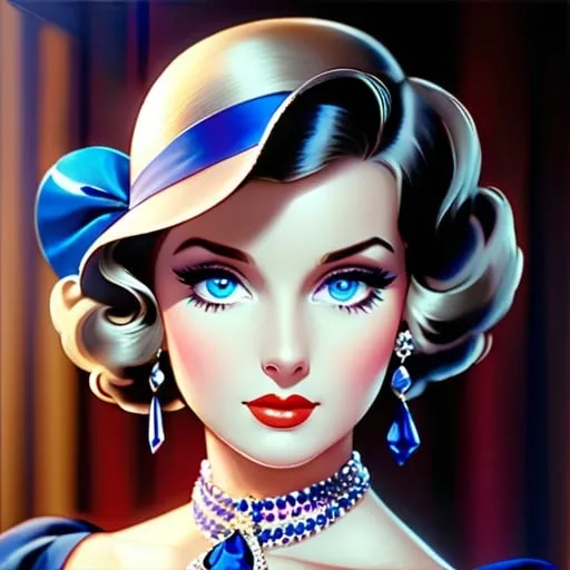 Prompt: Glamorously dressed lady of rhe 1930's wearing sapphire jewelry,blue eyes