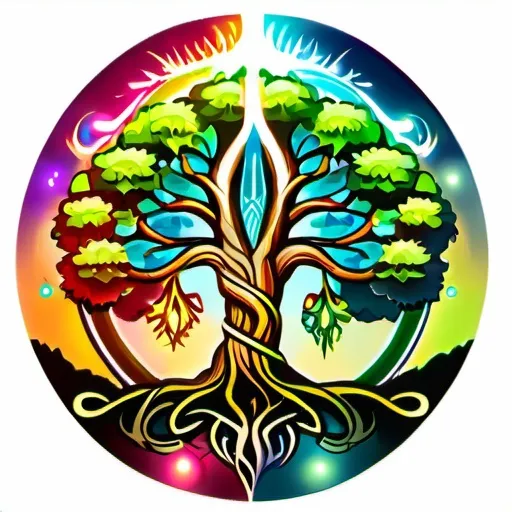 Prompt: Yggdrasil tree, fantasy, nordic mythology theme, enormous, gigantic, colorful, a lot of light, aura, lively, naturally, a little mystery