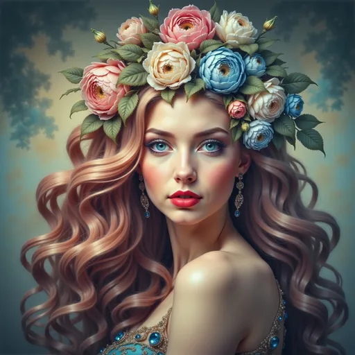 Prompt: a woman with flowers in her hair and is shown in this digital painting style, Anna Dittmann, fantasy art, highly detailed digital painting, an airbrush painting