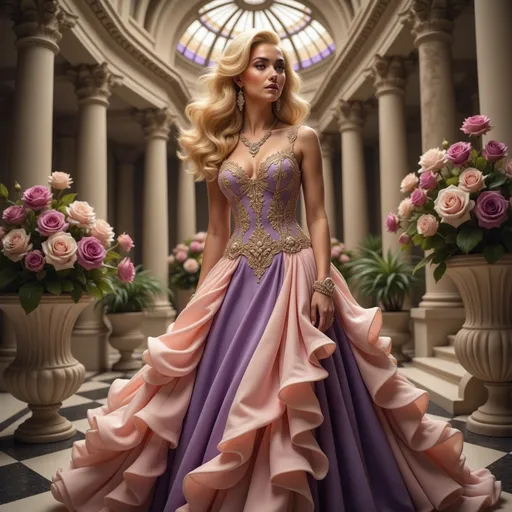Prompt: In a grand, opulent setting reminiscent of a classical palace, a young woman stands gracefully amidst towering columns and lush foliage. Her stunning gown, a shimmering blend of rich purple and soft pink, features intricate golden embroidery that accentuates her elegant form, while delicate ruffles cascade like waves around her. With voluminous, golden curls framing her face, she wears sparkling jewelry that complements her regal attire. The atmosphere is imbued with a sense of enchanting beauty, amplified by the natural light filtering through an elaborate stained-glass dome overhead, casting a warm glow across the scene and highlighting the vibrant flowers in ornate pots around her. This imagery evokes a fairy-tale quality, celebrating the fusion of elegance and nature in a moment of timeless beauty.