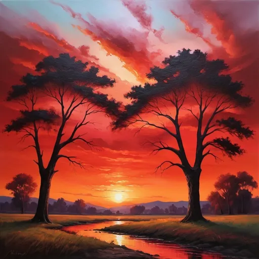 Prompt: Red sunset landscape, oil painting, vibrant colors, fine details, high-quality, realistic, warm tones, dramatic lighting, expansive horizon, silhouettes of trees, serene atmosphere