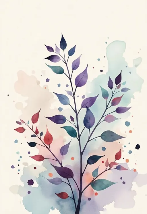 Prompt: Elegant branches stretch upwards, adorned with a captivating array of leaves in shades of deep purple, teal, and vibrant red, evoking a sense of growth and tranquility. The watercolor background blends softly, showcasing hues of blue, pink, and hints of white, creating an ethereal wash that complements the foliage beautifully. The interplay of colors brings life to the composition, while gentle splashes and subtle dots of color add texture and interest. This artistic piece radiates a serene and dreamy atmosphere, inviting viewers to immerse themselves in its natural beauty. The overall style is fluid and organic, typical of watercolor artistry, emphasizing harmony and grace in nature.