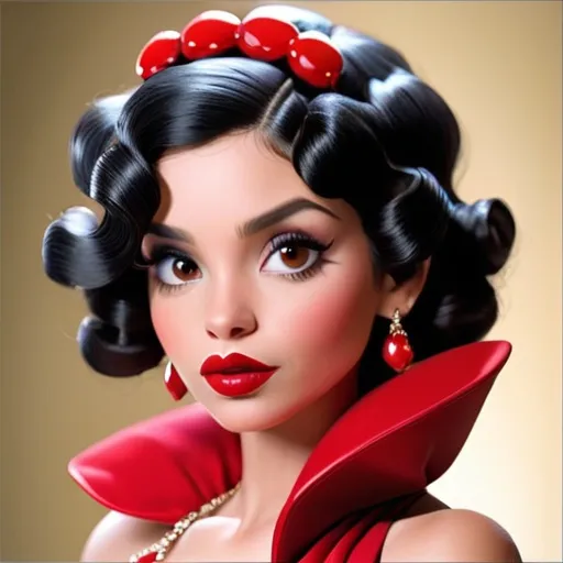 Prompt: woman with curly black hair, red lips,  Red dress, wearing ruby jewelry, facial closeup
