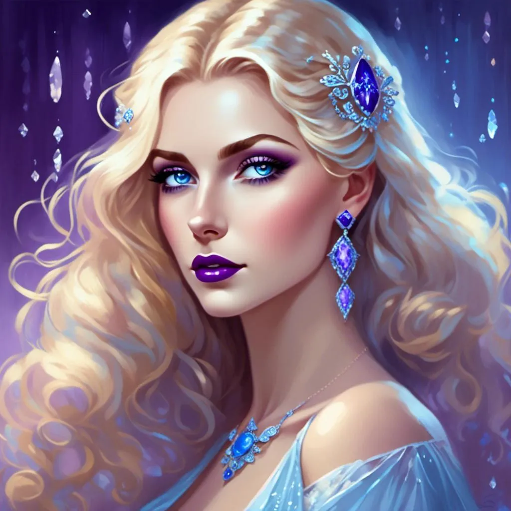 Prompt: <mymodel>Beautiful ethereal woman, long blonde hair,and icy blue eyes color, purple lipstick, facial closeup