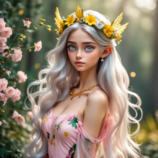 Prompt: <mymodel>Girl, elf, fairy, fantasy, flowers, dreaming, sunny day, pink, green, yellow, natural, she is Queen, grandiose fairy flower dress, grandiose fairy crown, hight quality, grandiose fairy flower wings, in hand she has grandiose fairy flower sceptre