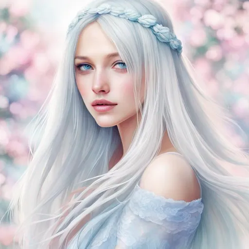 Prompt: A beautiful woman with long white hair., pretty flowers in her hair, blue eyes, pastel color palette