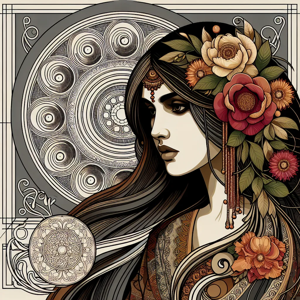 Prompt: a painting of a woman with long hair and flowers in her hair, with a circular background of circles and swirls, Amanda Sage, art nouveau, art nouveau fashion embroidered, an art deco painting