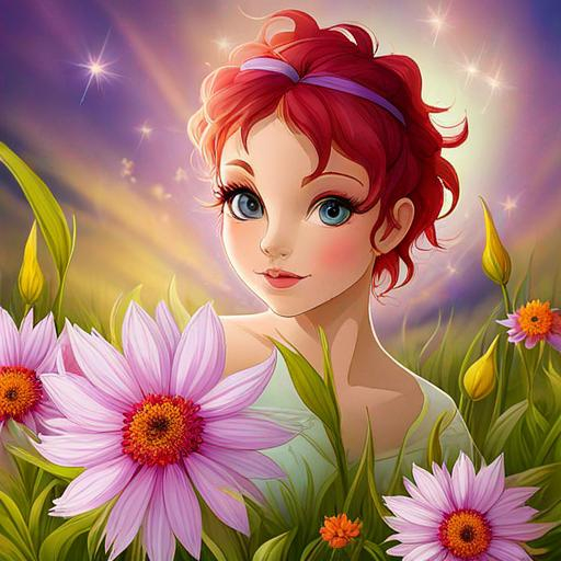 Prompt: a fairy of spring, ,wildflowers, vivid colors, closeup