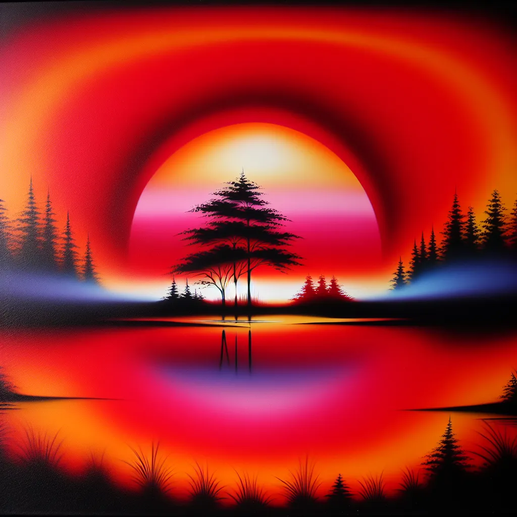 Prompt: a painting of a sunset with a tree in the middle of it and a lake in the background with a red sky, Chinwe Chukwuogo-Roy, lyco art, airbrush on canvas, an airbrush painting