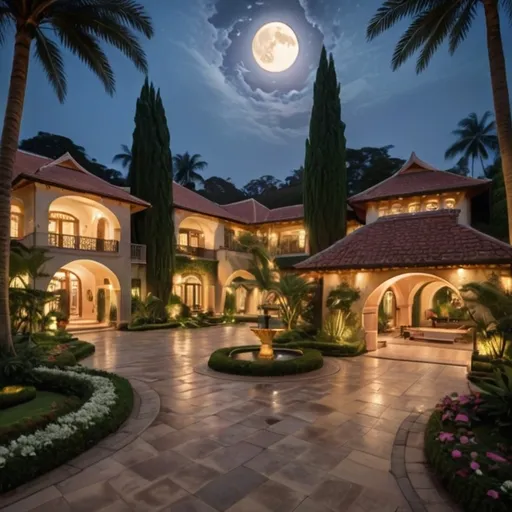 Prompt: Bathed in soft moonlight, a luxurious, sprawling estate emerges amidst lush greenery and vibrant flowers, creating a peaceful oasis. The scene features multiple architectural elements with rich details, including terracotta roofs and elegant arches, all complemented by meticulously manicured gardens. A serene waterway meanders through the property, reflecting the luminous moon overhead, which casts a gentle glow on the tranquil surroundings. The nighttime ambiance is enhanced by the delicate glow of lights illuminating the exterior of the home, suggesting a sense of welcome and serenity. Overall, the image conveys an enchanting atmosphere of opulence and tranquility, inviting viewers to bask in the beauty of this idyllic retreat.
