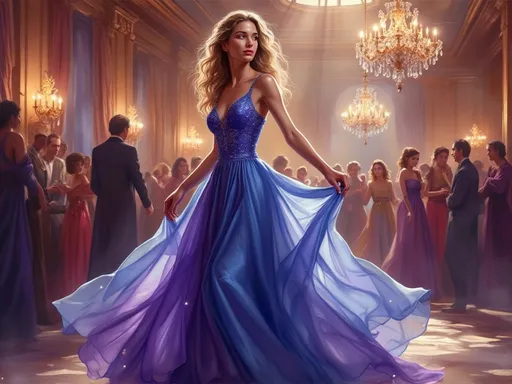 Prompt: Envision an elegant woman poised gracefully in an opulent ballroom, her dazzling blue and purple evening gown cascading around her like a silk waterfall, shimmering under the soft glow of crystal chandeliers. The gown catches the light, reflecting hues of deep sapphire and rich amethyst, creating an enchanting display. Her hair, styled in soft waves, frames her delicate features as she gazes thoughtfully towards the dance floor. A hint of a smile plays on her lips, suggesting a moment of serene contemplation amongst the vibrant atmosphere of laughter and swirling dancers. The rich, golden hues of the room are punctuated by soft candlelight, casting delicate shadows and creating an atmosphere of sophisticated allure. This scene is best captured in cinematic lighting, with a touch of photorealism to enhance the elegance and vibrancy of the moment.