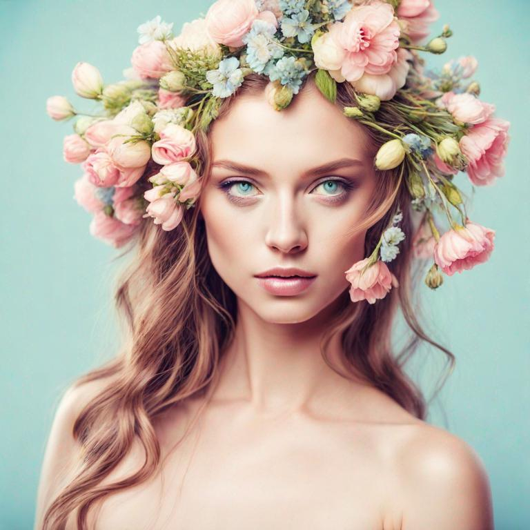 Prompt: Beautiful creation, woman with flowers in her hair, pastel colors