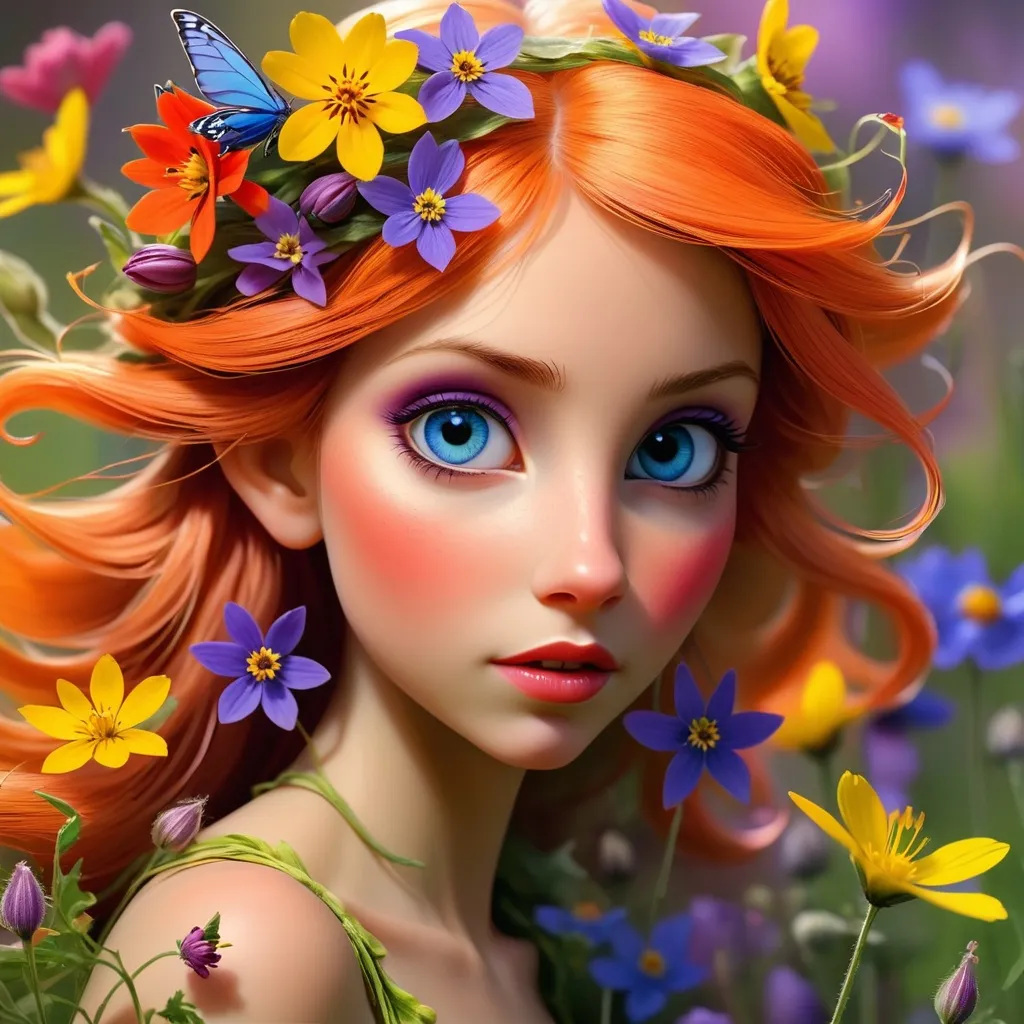 Prompt: a fairy of spring, ,wildflowers, vivid colors, closeup