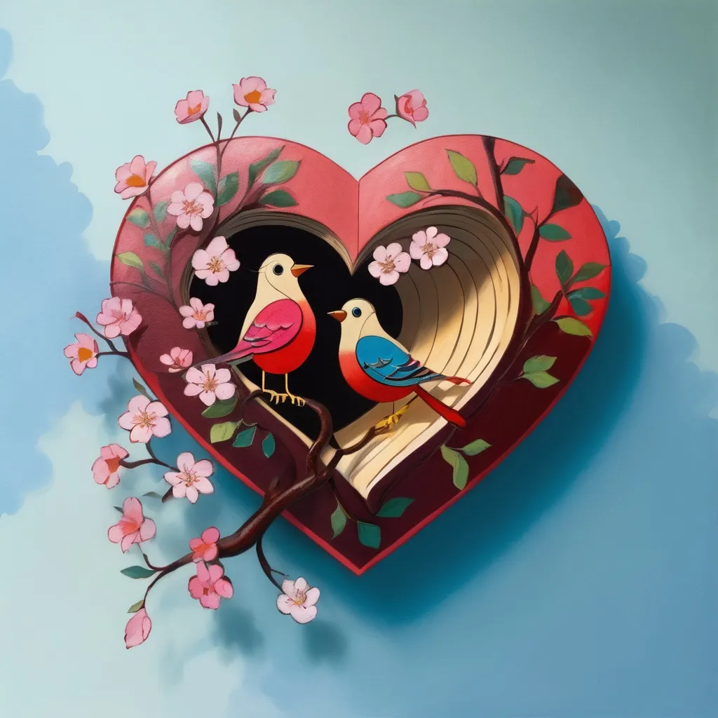 Prompt: a tree with two birds sitting on it and a heart shaped tree with flowers in the middle of it, Annabel Kidston, cloisonnism, book cover, a storybook illustration