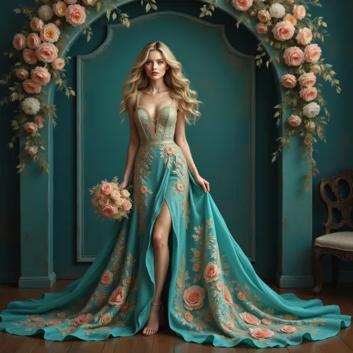 Prompt: A stunning woman stands gracefully against a richly colored backdrop adorned with flowers, embodying elegance and poise. Dressed in a striking teal gown that flows beautifully to the floor, the outfit features intricate gold embroidery and a thigh-high slit that adds a touch of allure. Her flowing hair cascades down, framing her face as she holds a bouquet of soft pink and peach flowers, enhancing the romantic atmosphere. The scene is illuminated by a soft, diffused light that highlights the intricate details of her gown and the vibrant colors of the floral arrangements above and beside her, creating an enchanting and sophisticated mood. The composition is harmonious and visually balanced, drawing the eye to the captivating figure at its center.