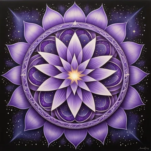 Prompt: a purple flower with a star in the background and a purple circle around it with a star in the middle, Amanda Sage, psychedelic art, sacred geometry, a detailed drawing